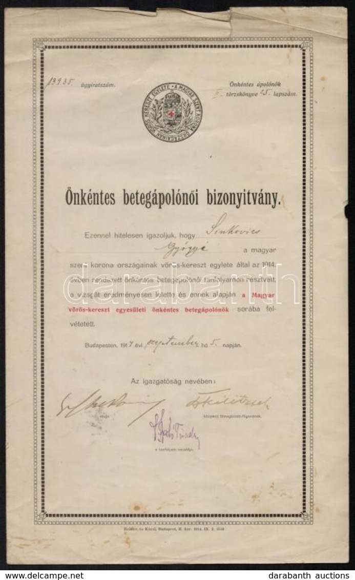 1914 A Magyar Vöröskereszt önkéntes Betegápolónői Bizonyítványa - Sin Clasificación
