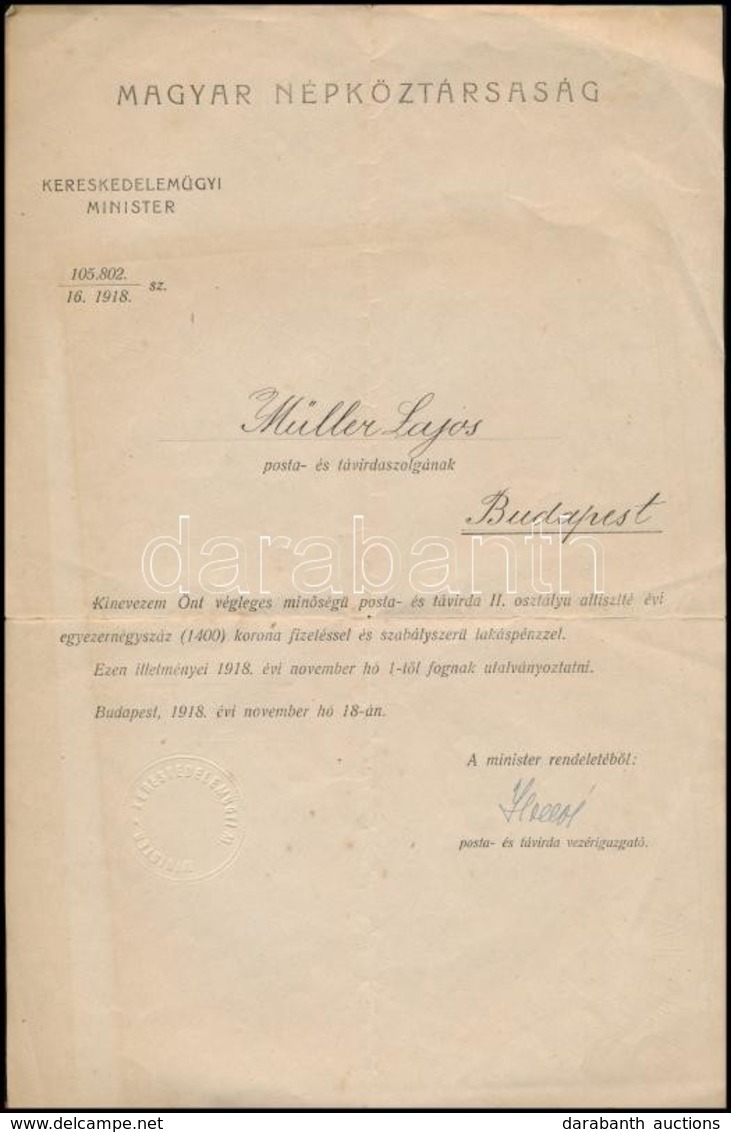 1918 Posta Altiszti Kinevezés, Magyar Népköztársaság, Kereskedelemügyi Miniszter Szárazbélyegzőjével, A Posta Vezérigazg - Zonder Classificatie