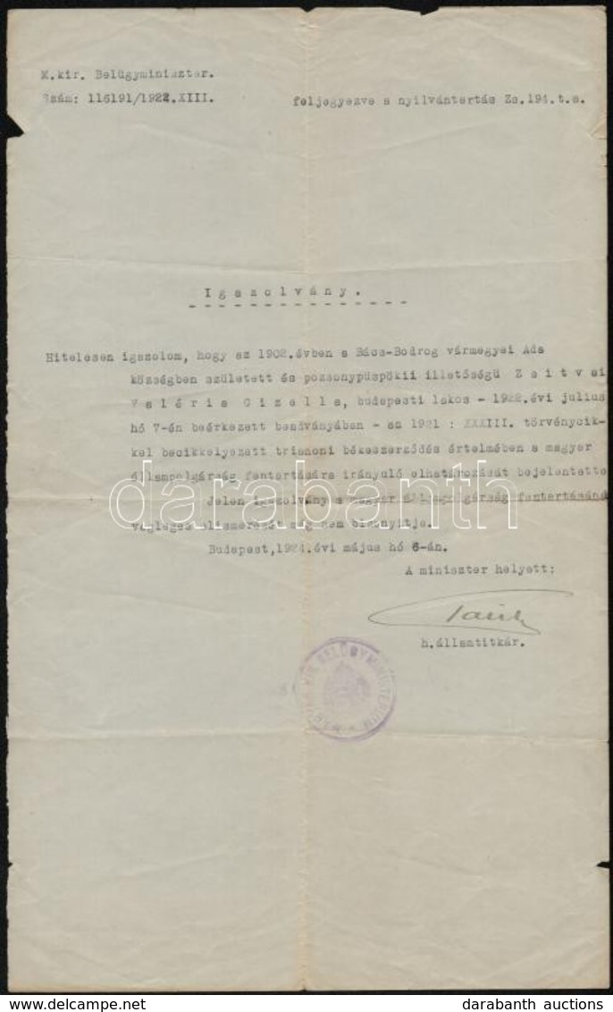 1924-1947 2 Db, Magyar állampolgárság Elismérésével Kapcsolatos Belügyminiszteri Irat, Okmánybélyegekkel - Ohne Zuordnung