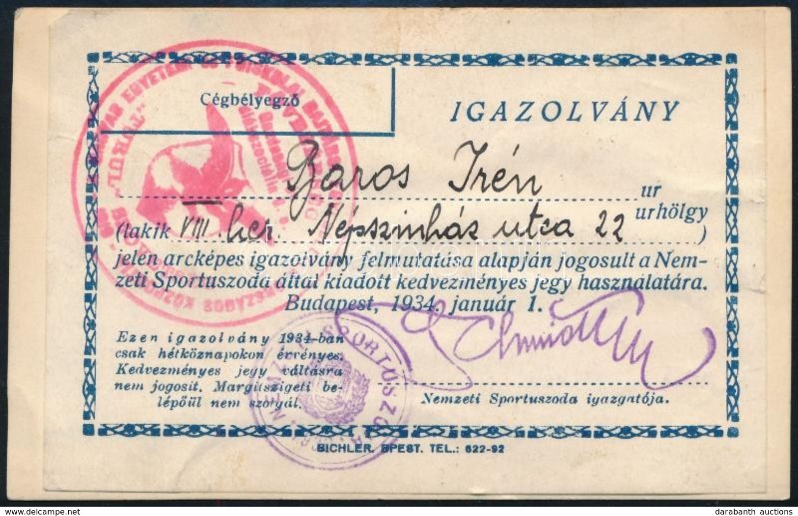 1934 Nemzeti Sportuszoda Fényképes Kedvezményes Igazolvány - Sin Clasificación