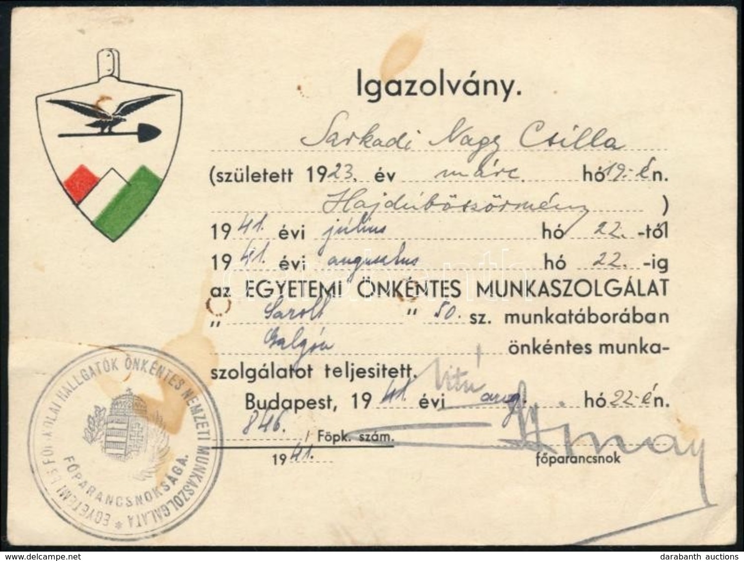 1941 Egyetemi Önkéntes Munkaszolgálat Igazolványa. - Zonder Classificatie