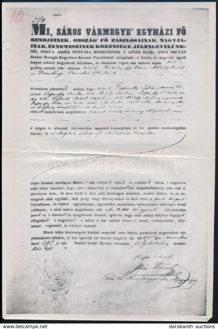 1944  Egy 1847. évi Sáros Vármegyei Irat Közjegyzői Hiteles Fénymásolata, Hátulján Hitelesítési Záradékkal - Ohne Zuordnung