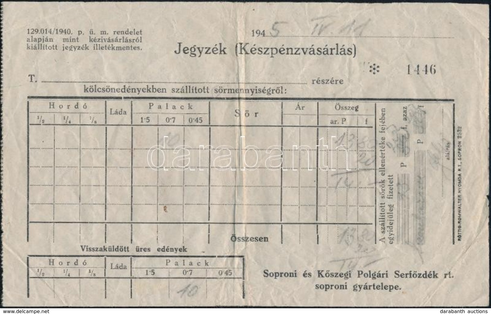 1945 Soproni és Kőszegi Polgári Serfőzdék Rt. Soproni Gyártelepe, Számla - Ohne Zuordnung