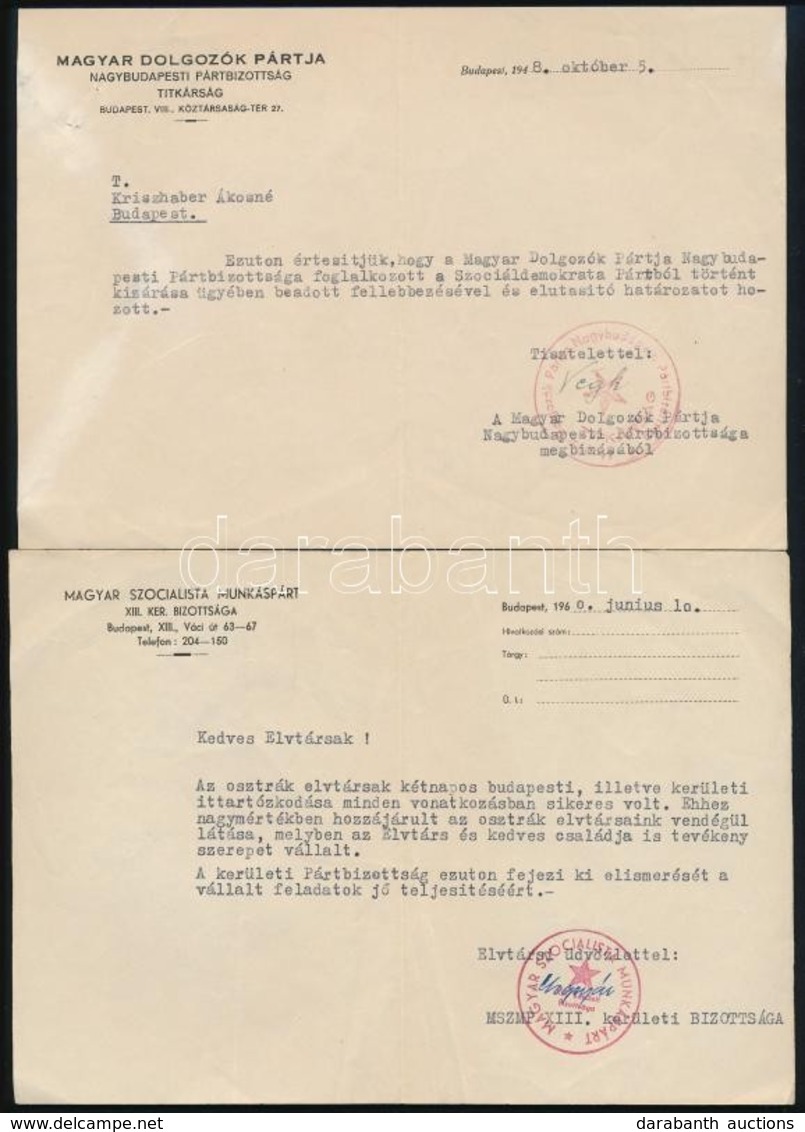 1946-1960 4 Db Szociáldemokrata/MDP/MSZMP Pártügyekben írt Hivatalos Levél, Közte SZDP-ből Való Kizárással Kapcsolatos I - Zonder Classificatie