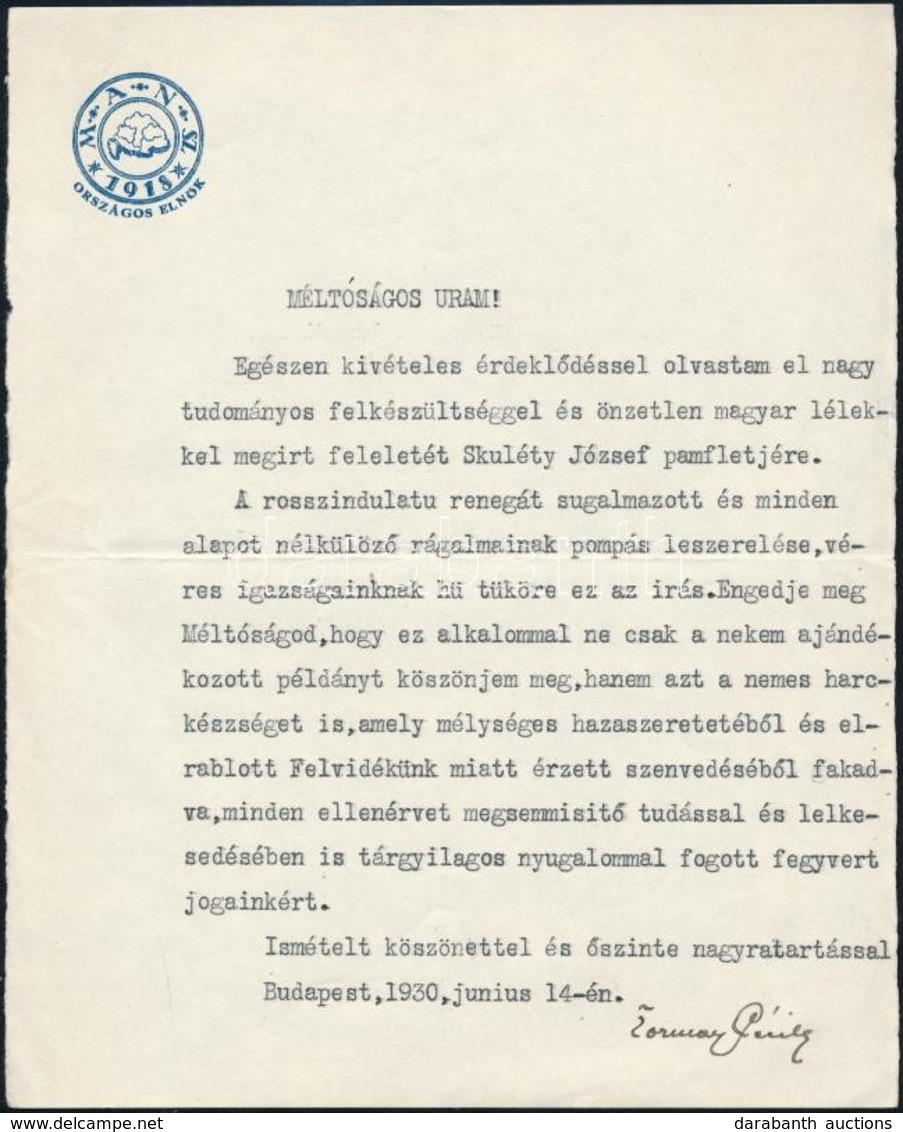 1930 Tormay Cécile írónő Gépelt, Aláírt Levele Iványi Béla Történész-levéltáros Részére 'Felsőmagyarországról' Című Munk - Sin Clasificación