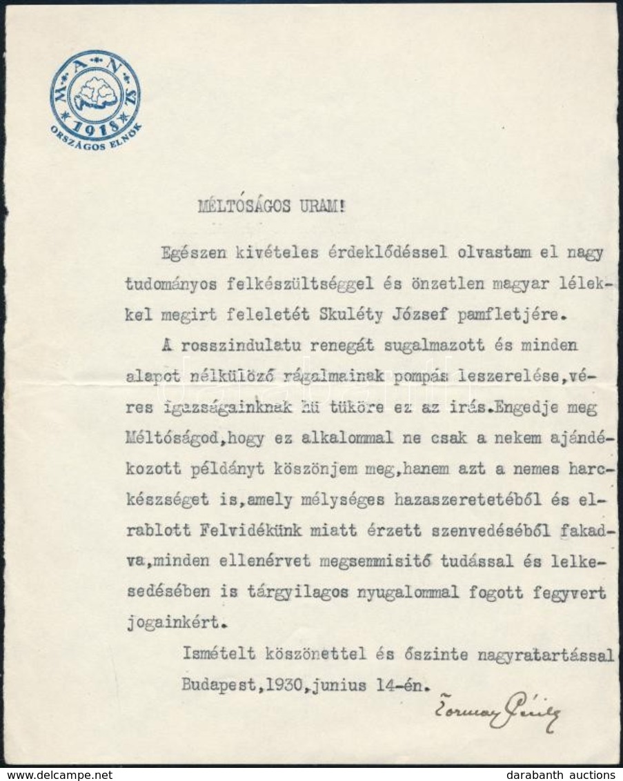 1930 Tormay Cécile írónő Gépelt, Aláírt Levele Iványi Béla Történész-levéltáros Részére 'Felsőmagyarországról' Című Munk - Non Classés