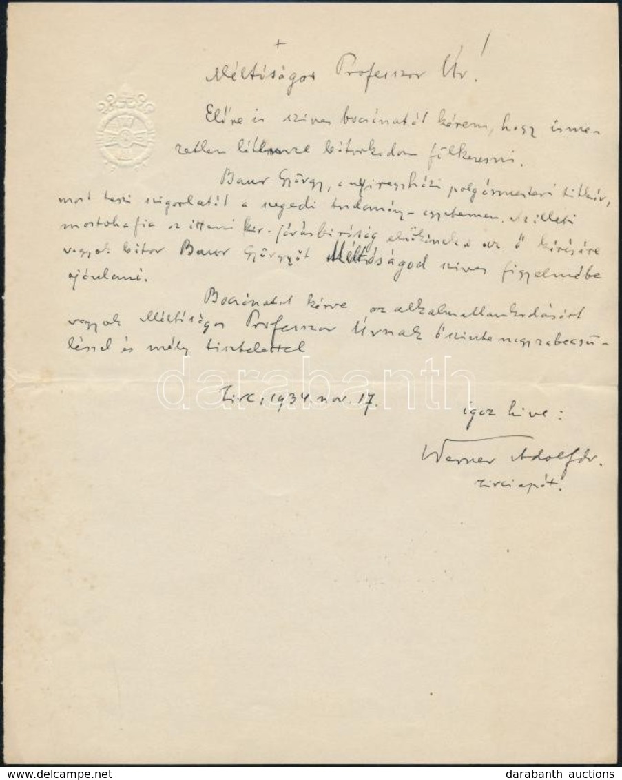 1934 Werner Adolf Zirci Apát Kézzel írt, Aláírt Levele Feltehetőleg Iványi Béla Történész-levéltáros Részére, Amelyben A - Zonder Classificatie