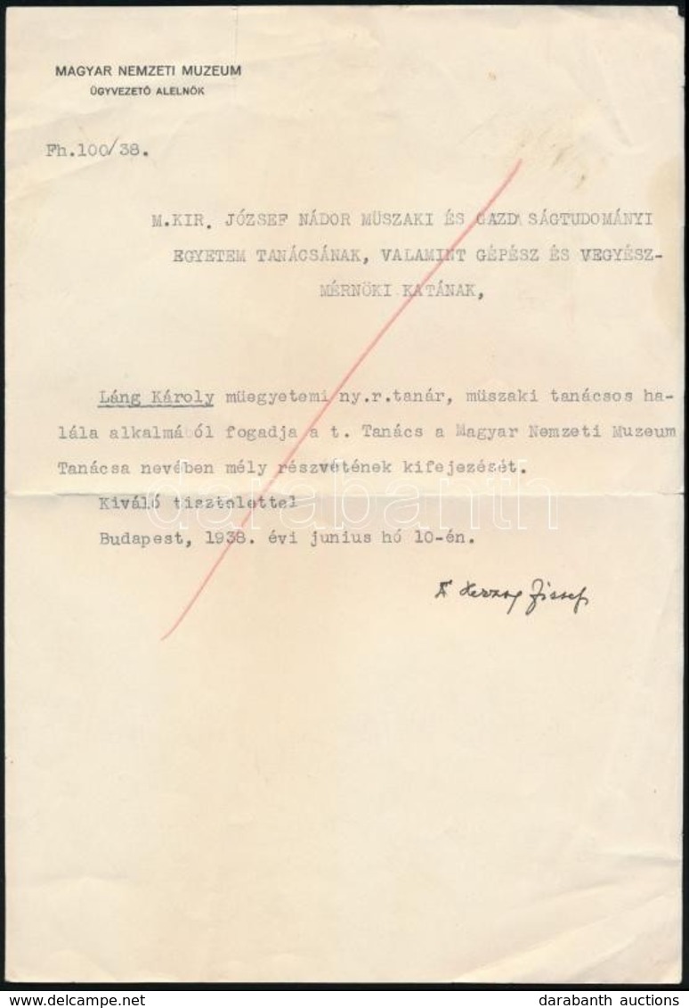 1938 Láng József Halála Alkalmából írt Kondoleáló Levél Herczeg József A Magyar Nemzeti Múzeum Alelnökének Aláírásával - Sin Clasificación