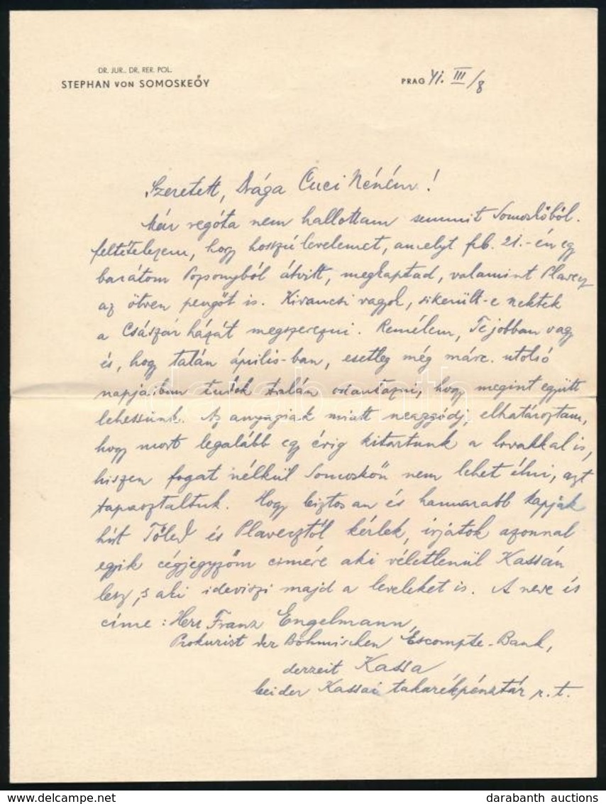 1941 Prága, Somoskeőy István Jogász Kézzel írt Levele Somoskeőy Klementinának Különféle Családi ügyekben, Rajta Mások üd - Sin Clasificación