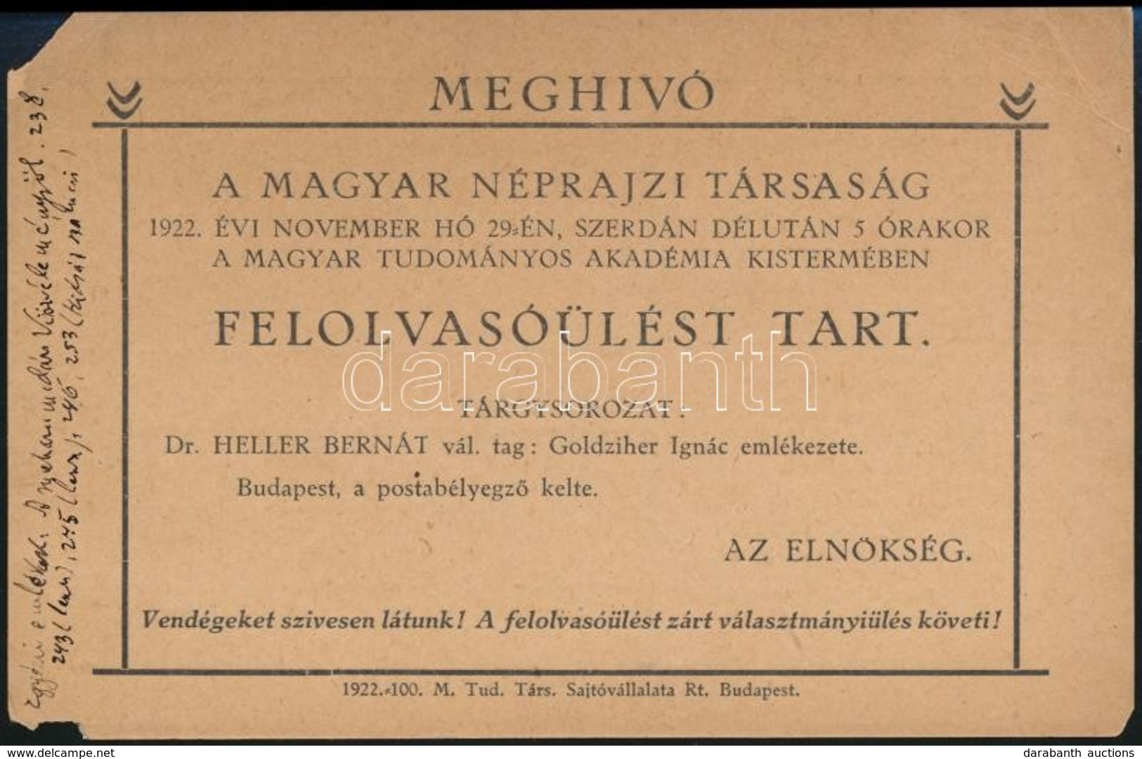 1922 Meghívó A Magyar Néprajzi Társaság Felolvasóülésére Rajta Heller Bernát Saját Kezű írásával - Andere & Zonder Classificatie