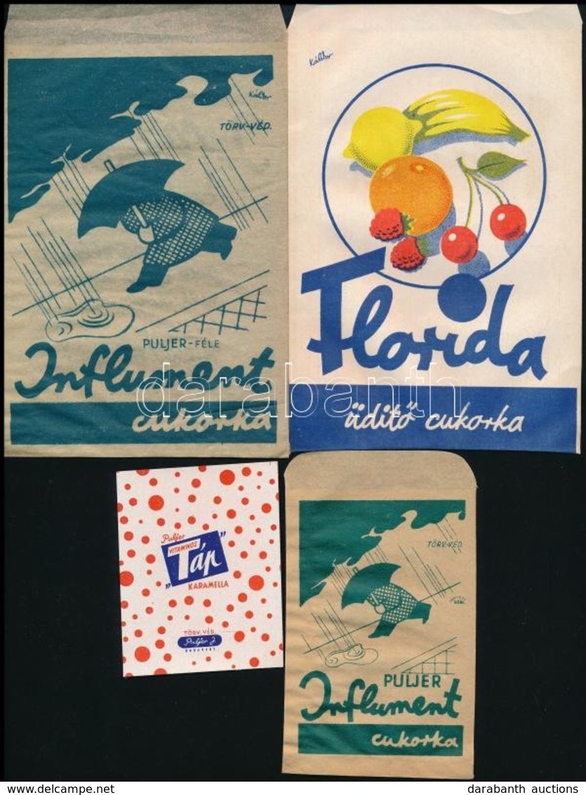 Cca 1940 4 Féle Gyógyszertári Gyógycukorka Reklámos Papírtasak és Címke (1 Db) / Pharmacy Pills Bags And Labels - Reclame