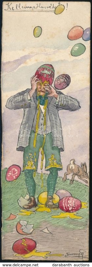 Ca 1930 Jánossy Jelzéssel: Kellemes Húsvétot. Humoros Grafika. Akvarell, Papír. Jelzett. 20x7 Cm - Autres & Non Classés