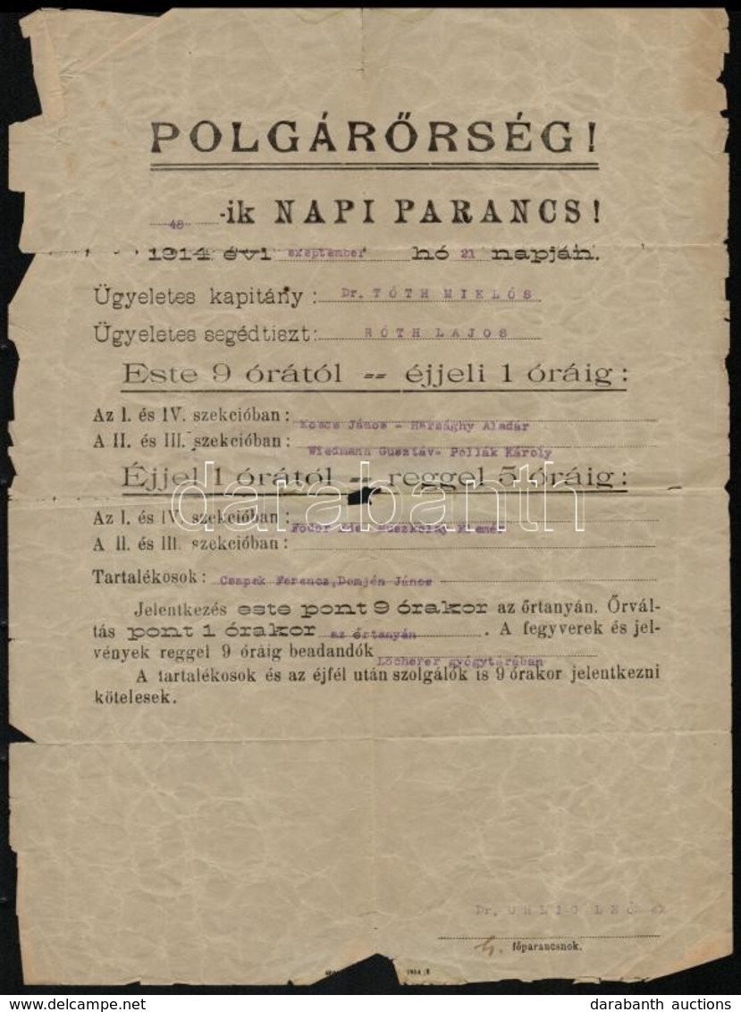 1914 Bártfa, Polgárőrség 48-ik Napi Parancs, 1914. Szept. 21., Szakadt. /
1914 Bardejov/Bartfeld Militia 48th Order Of T - Sonstige & Ohne Zuordnung