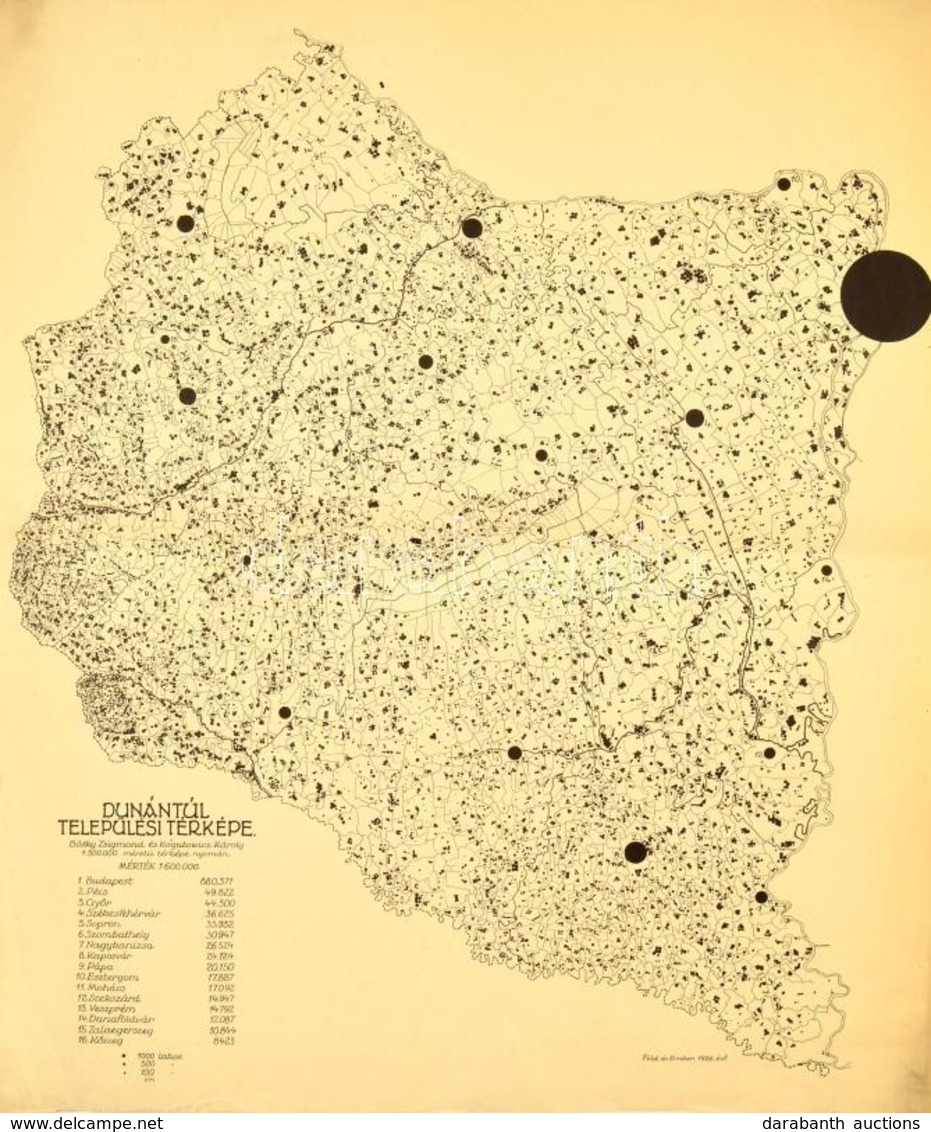 1926 A Dunántúl Települési Térképe. Bátky Zsigmond és Kogutowitz Károly Nyomán, 1:600.000, Kis Gyűrődéssel A Széleken, H - Andere & Zonder Classificatie