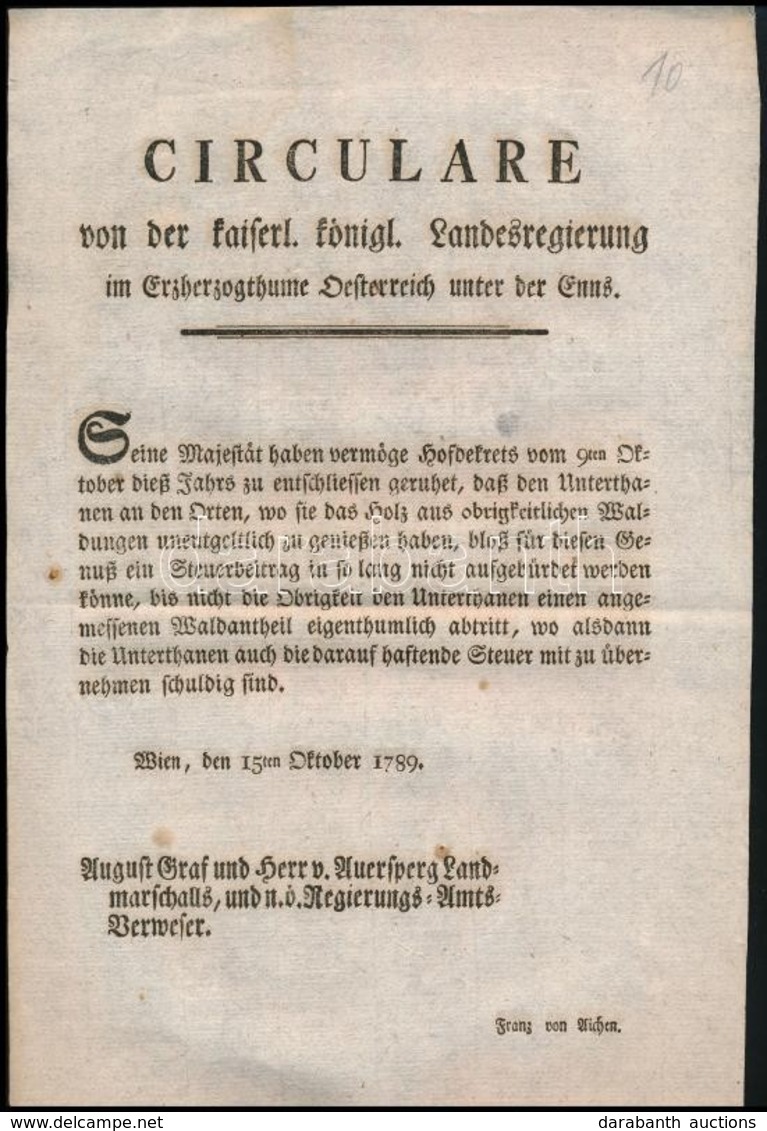 1789 Ausztriai Rendelet A Fakivágás Megadóztatásáról 1p - Zonder Classificatie