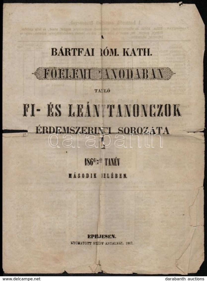 1867 Bártfai Róm. Kath. Főelemi Tanodában Tanuló Fi- és Leánytanonczok érdemszerinti Sorozata 1866-1867-dik Tanév Másodi - Zonder Classificatie