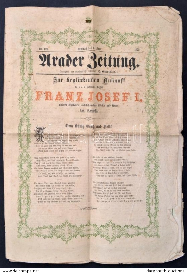 1872 Az Arader Zeitung Ferenc József Császár Aradi Látogatásáról Beszámoló Száma / 1872 Arader Zeitung With Cover On Emp - Zonder Classificatie