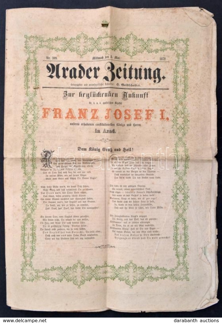 1872 Az Arader Zeitung Ferenc József Császár Aradi Látogatásáról Beszámoló Száma / 1872 Arader Zeitung With Cover On Emp - Sin Clasificación