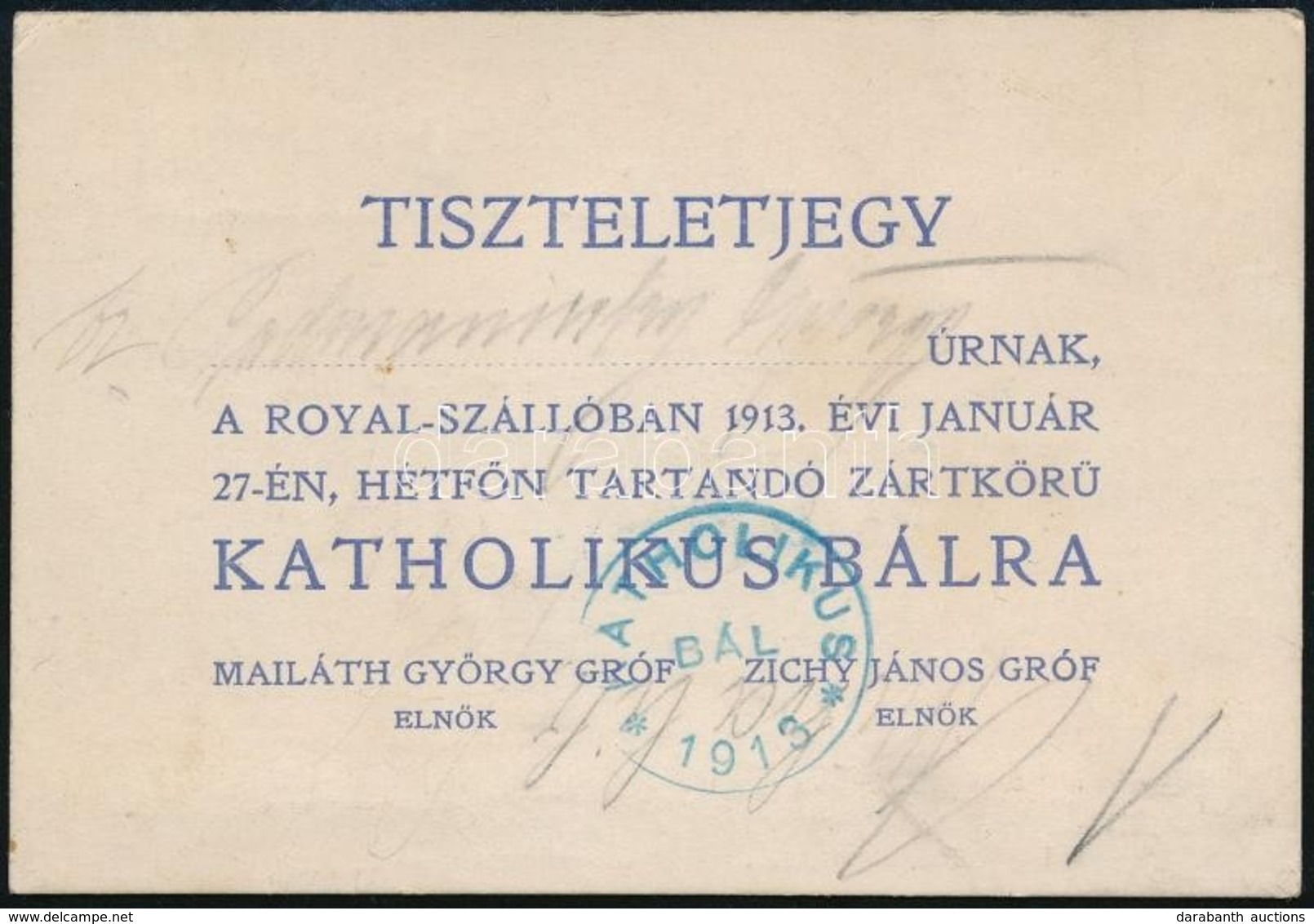 1913 Katholikus Bál Tiszteletjegy - Sin Clasificación