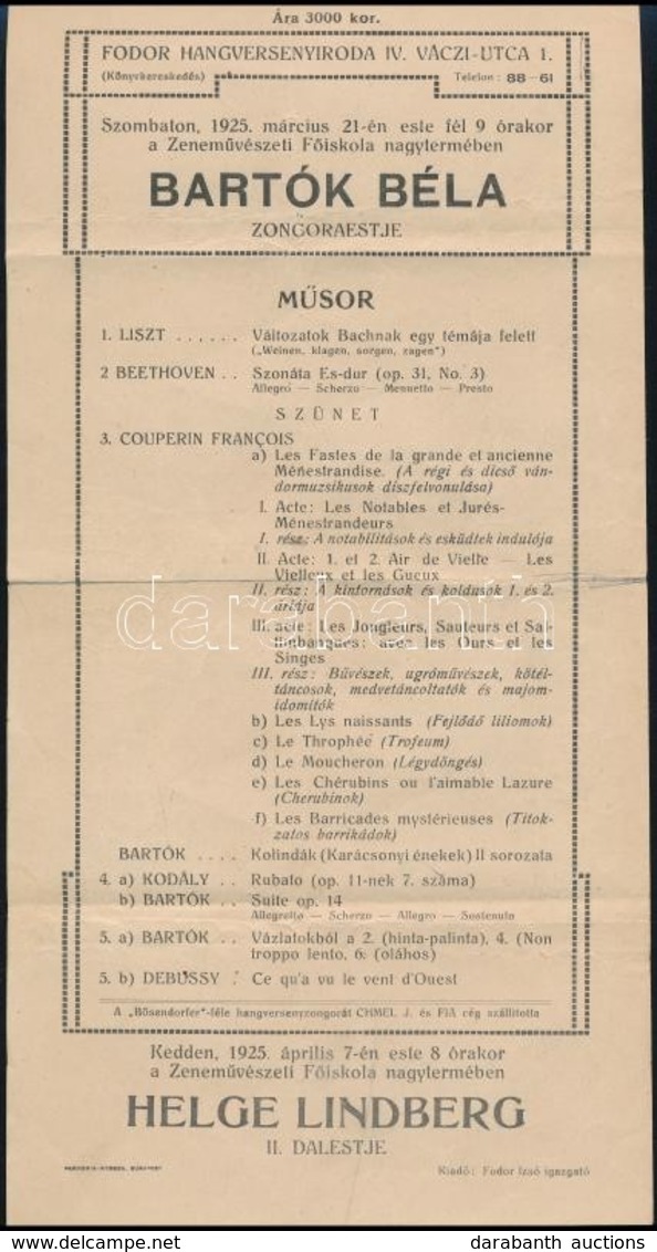 1925 Bartók Béla Zongoraestje, Hirdetmény, Hajtott - Sin Clasificación