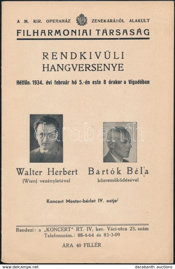 1934 A Filharmóniai Társaság Rendkívüli Hangversenye Walter Herbert és Bartók Béla Részvételével, Koncertfüzet, Tűzött P - Zonder Classificatie