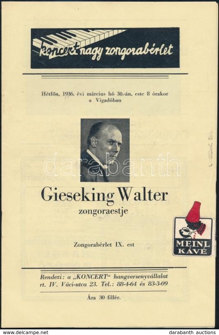 1936 Gieseking Walter Zongoraestje, Koncertfüzet, Tűzött Papírkötésben - Sin Clasificación