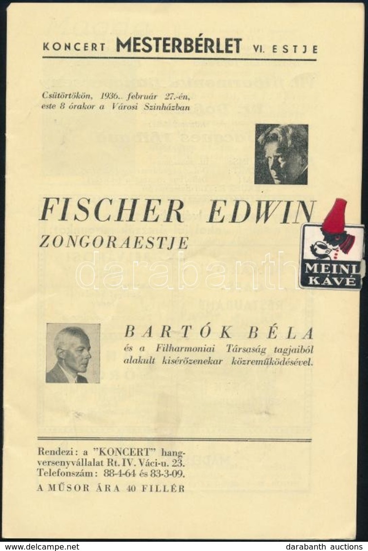 1936 Fischer Edwin Zongoraestje, Koncertfüzet, Tűzött Papírkötésben - Sin Clasificación