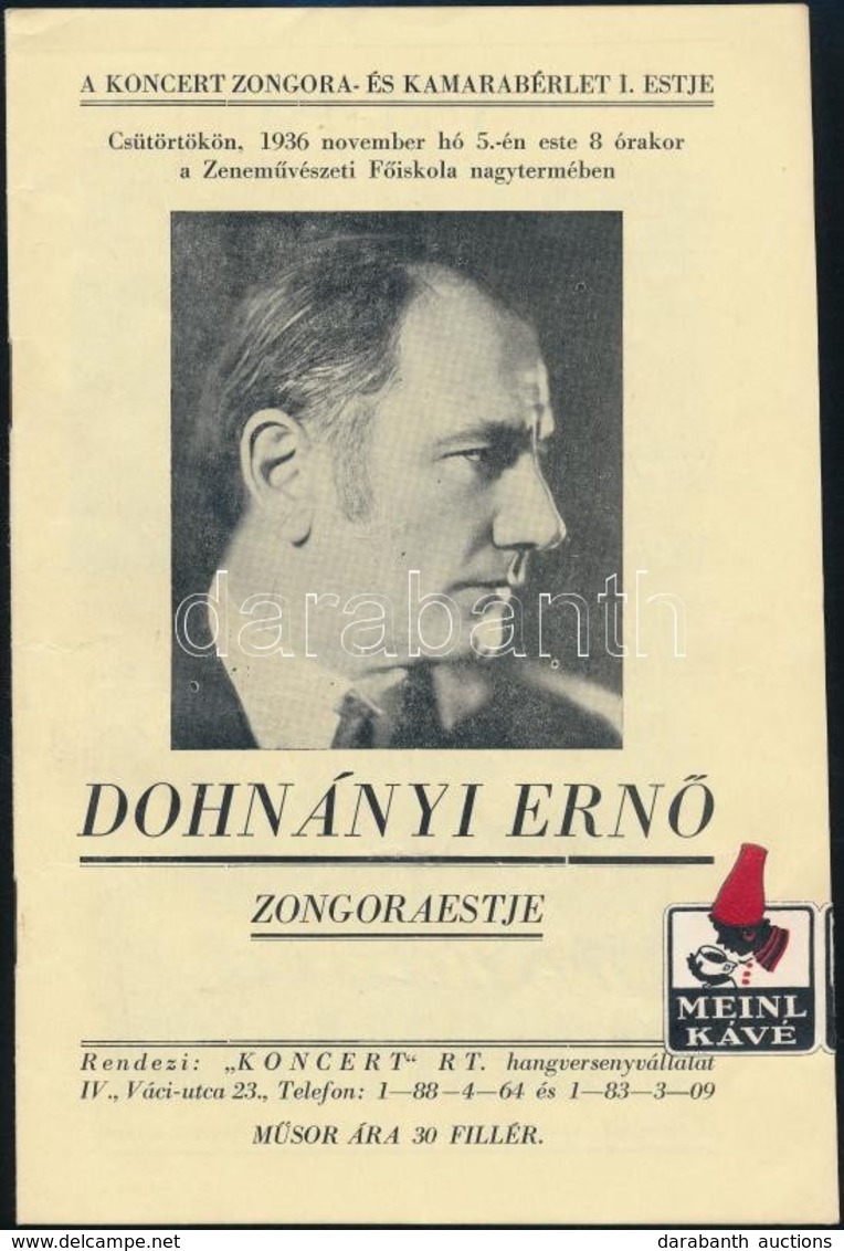 1936 Dohnányi Ernő Zongoraestje, Koncertfüzet, Tűzött Papírkötésben - Sin Clasificación