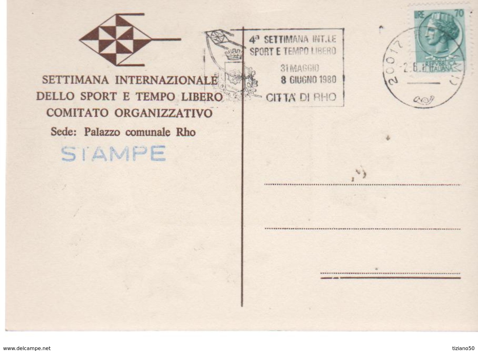 CITTA DI RHO.SETTIMANA INTERNAZIONALE DELLO SPORT.VIAGGIATA-NO-1980-FG-MT.1445 - Rho