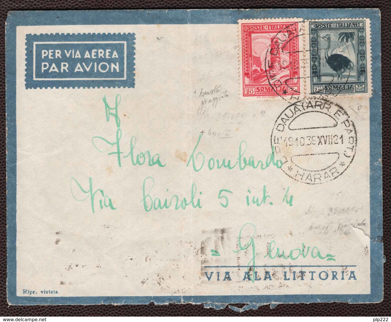 Somalia 1939 Pittorica 2,55 £ + 20c. Dent 14 (226,217) Su Aerogramma Da Diredaua 19/10/39 A Genova VF/F - Somalia