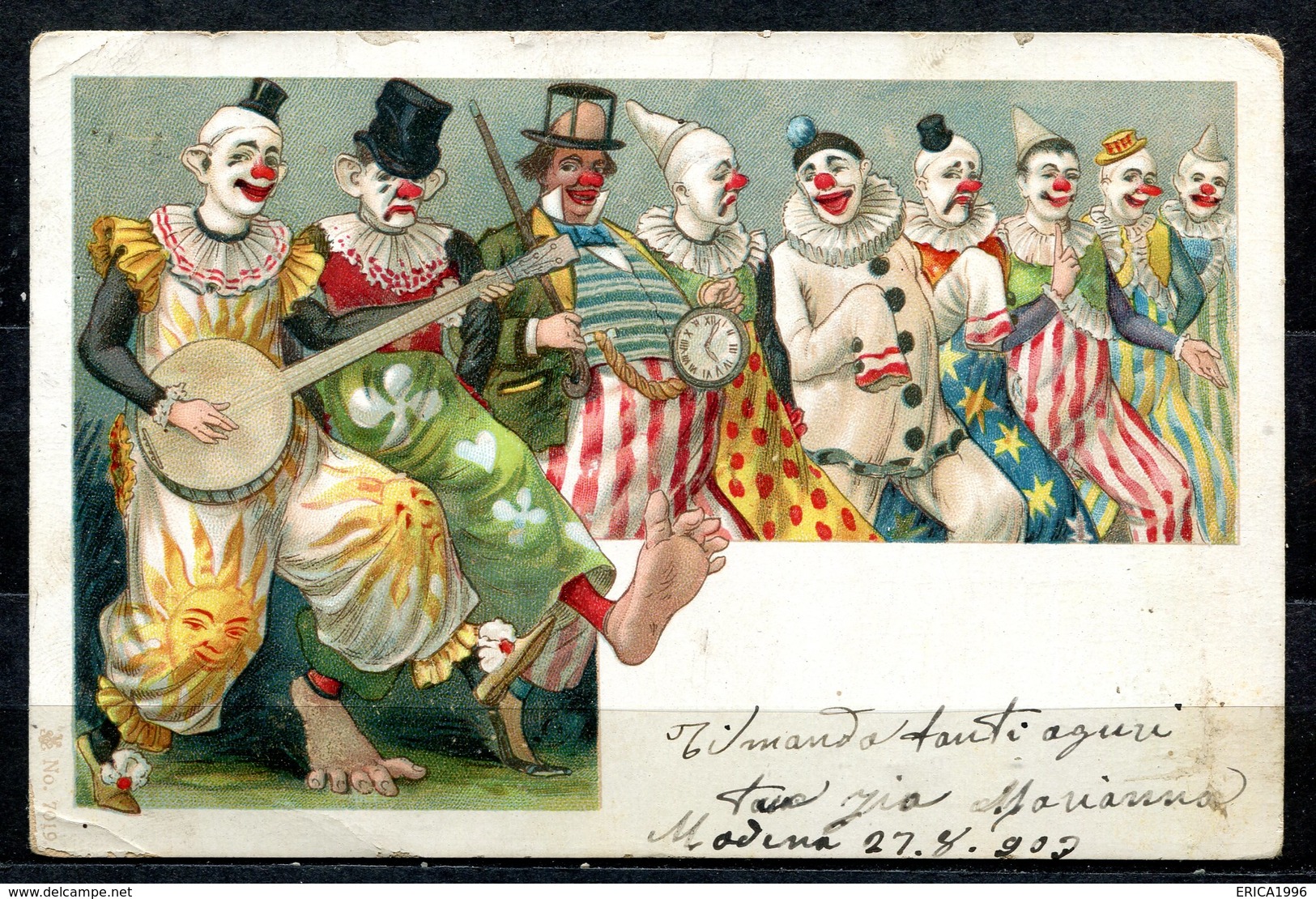 CV2721 PAGLIACCI 1903 Gruppo Di Clown Sorridenti E Tristi, Bellissima Cartolina, FP, Viaggiata Da Modena Per Teramo, Buo - Humor