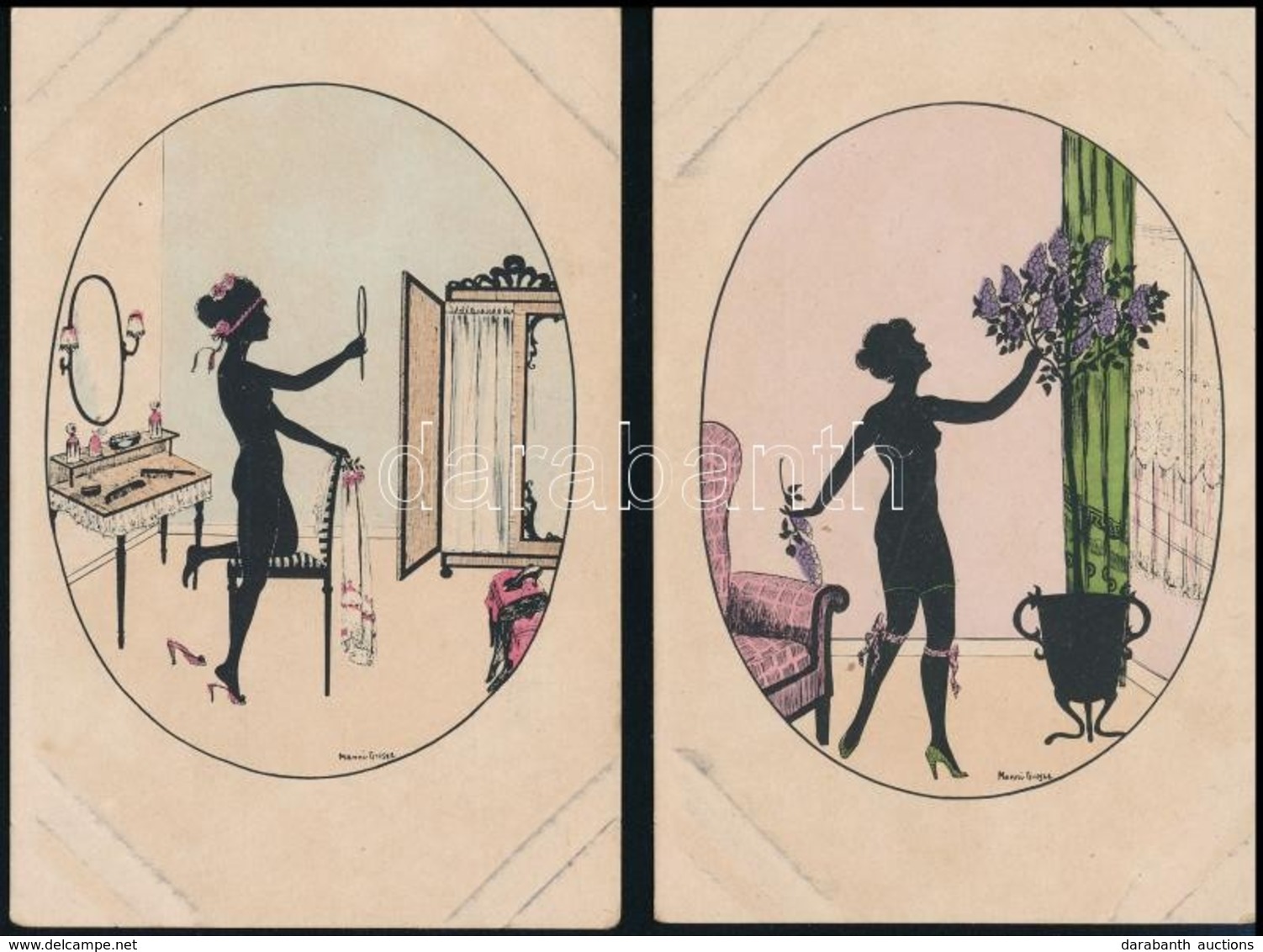 ** 2 Db RÉGI Erotikus Manni Grosze Sziluett Művészlap / 2 Pre-1945 Erotic Silhouette Art Motive Postcards By Manni Grosz - Non Classés