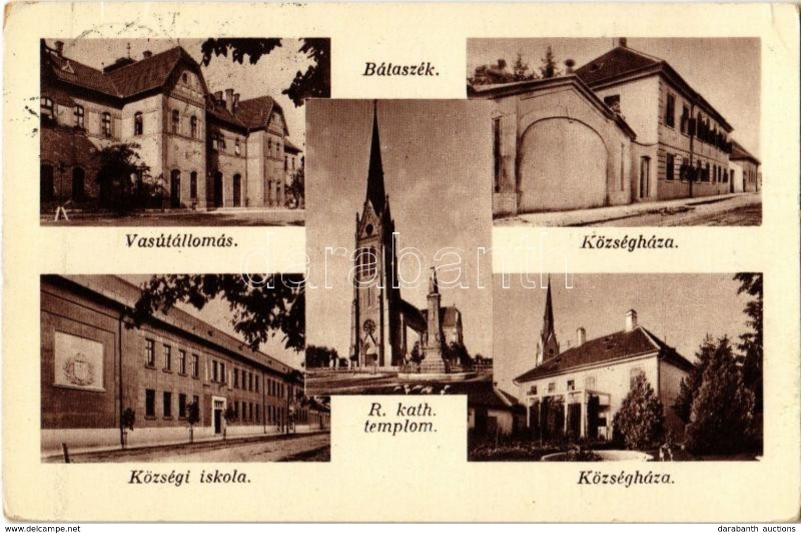 T2/T3 1937 Bátaszék, Vasútállomás, Községháza, Községi Iskola, Római Katolikus Templom. Baura József Kiadása (EK) - Zonder Classificatie