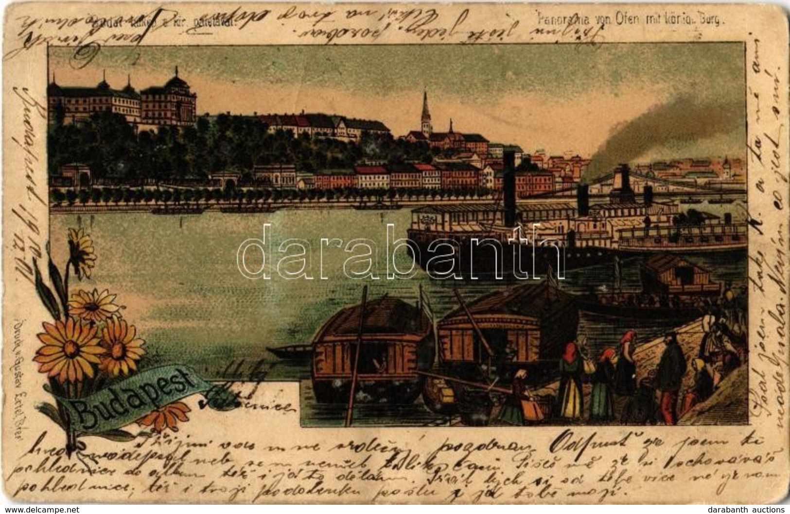 T2/T3 Budapest, Pesti Rakpart és Királyi Vár, Piac. Gustav Ertel Floral, Litho - Zonder Classificatie