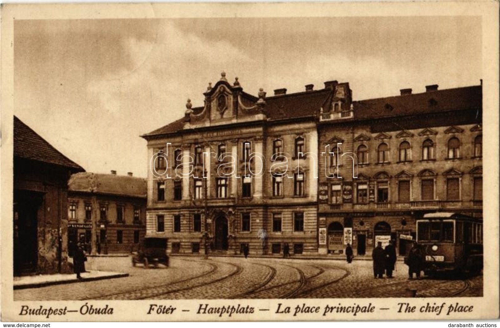 T2/T3 1927 Budapest III. Óbuda, Fő Tér, Villamos, Automobil, III. Kerületi Elöljáróság, Vendéglő, Gebhard József üzlete  - Zonder Classificatie