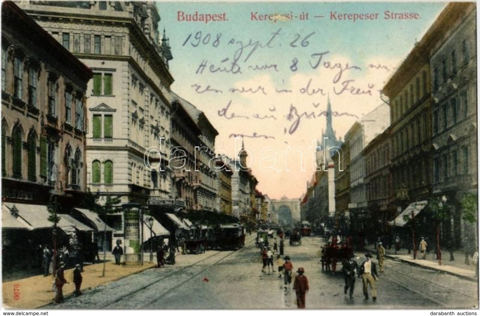 T2/T3 1908 Budapest VII. Kerepesi út (Rákóczi út), Metropole Szálloda, Villamosok, üzletek. Taussig A. - Unclassified