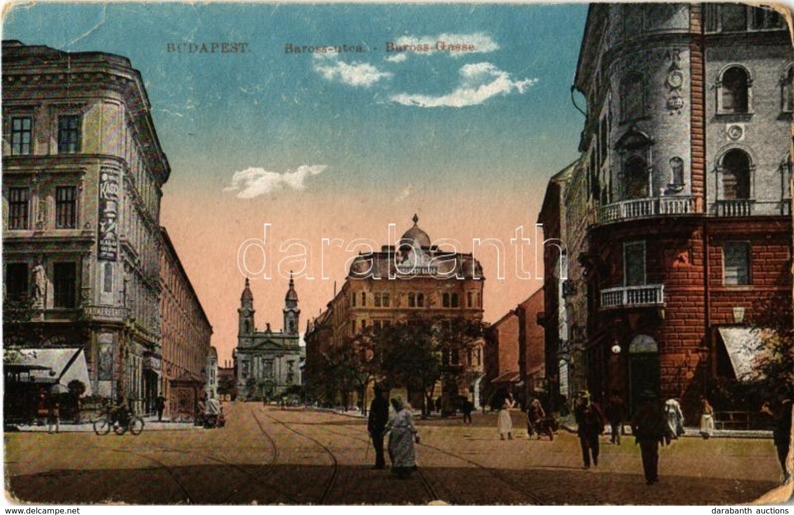 * T2/T3 1915 Budapest VIII. Baross Utca, Budapesti Bazár, Vaskereskedés, Templom (kopott Sarkak / Worn Corners) - Unclassified