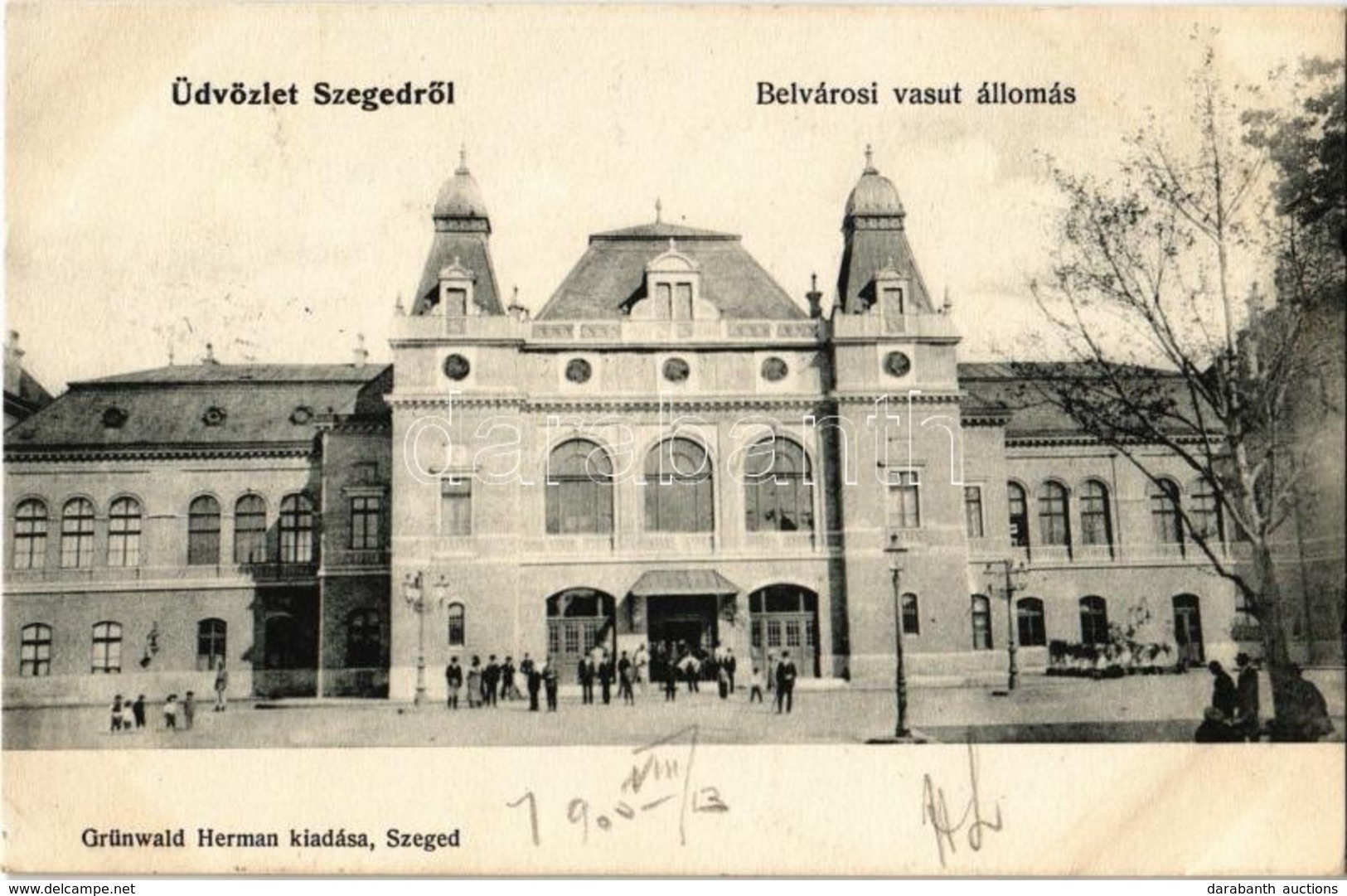 T2/T3 1905 Szeged, Belvárosi Vasútállomás. Kiadja Grünwald Herman (kissé ázott Sarok / Slightly Wet Corner) - Unclassified
