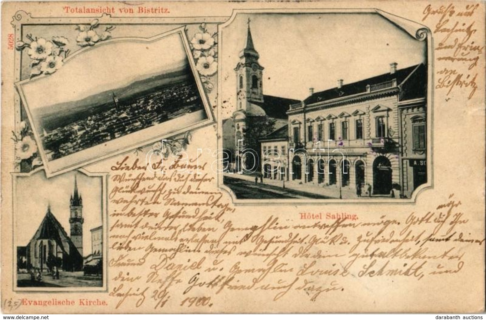 T2 1899 Beszterce, Bistritz, Bistrita; Evangélikus Templom, Sabling Szálloda / Church, Hotel. Art Nouveau, Floral - Unclassified