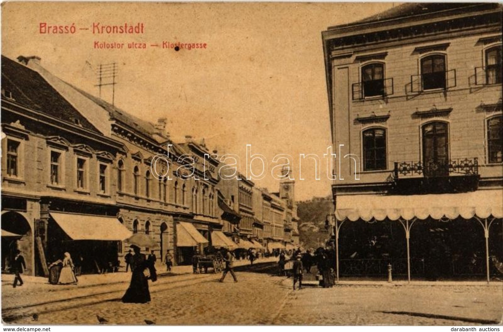 T2 1909 Brassó, Kronstadt, Brasov; Kolostor Utca, üzletek, Kávéház, étterem. W.L. (?) No. 111. / Klostergasse / Street V - Zonder Classificatie