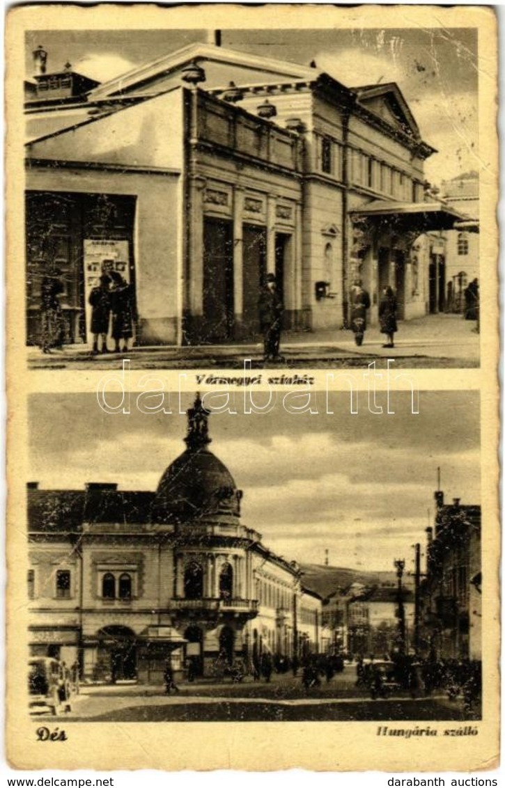 T3 1944 Dés, Dej; Vármegyei Színház, Hungária Szálloda, Automobil / County Theater, Hotel, Automobiles (gyűrődés / Creas - Zonder Classificatie