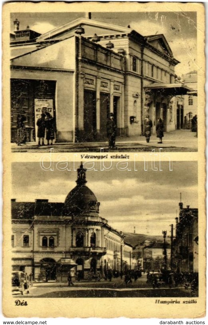 T3 1944 Dés, Dej; Vármegyei Színház, Hungária Szálloda, Automobil / County Theater, Hotel, Automobiles (gyűrődés / Creas - Sin Clasificación