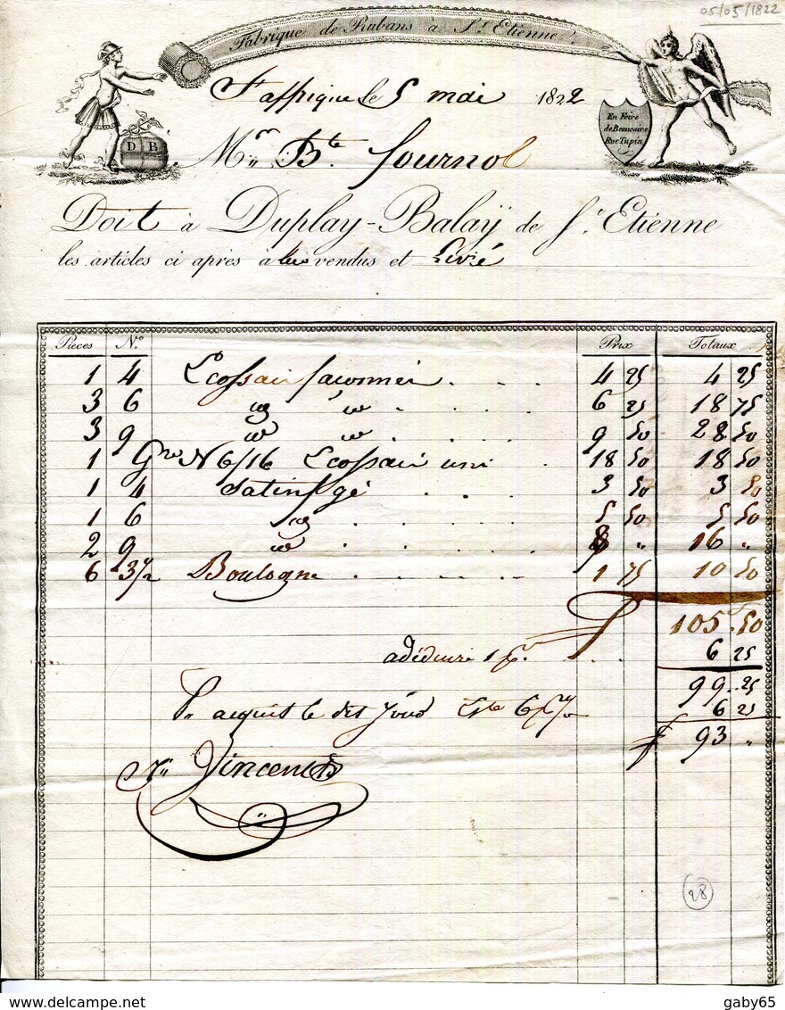 42.SAINT ETIENNE.FABRIQUE DE RUBANS DUPLAY-BALAY.1822. - Vestiario & Tessile