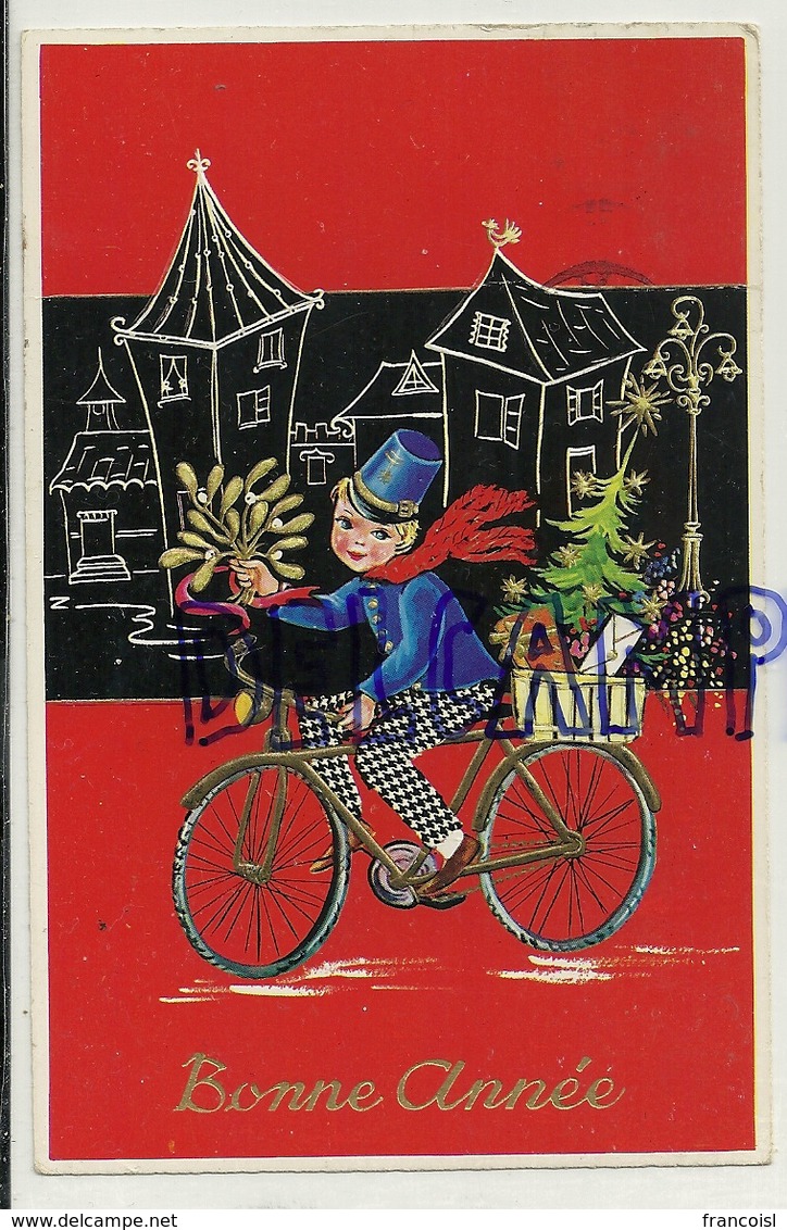 Bonne Année. Petit Garçon  (facteur) à Vélo, Gui, Cadeaux. 1964. M.D. Paris - Nouvel An