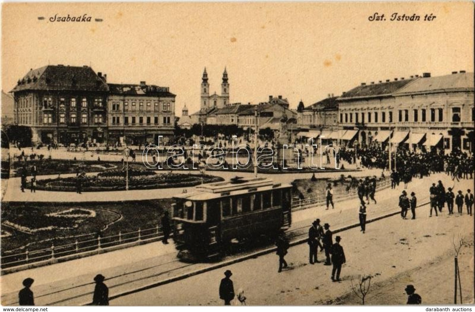 * T2/T3 Szabadka, Subotica; Szt. István Tér, üzletek, Villamos / Square, Shops, Tram (fl) - Zonder Classificatie