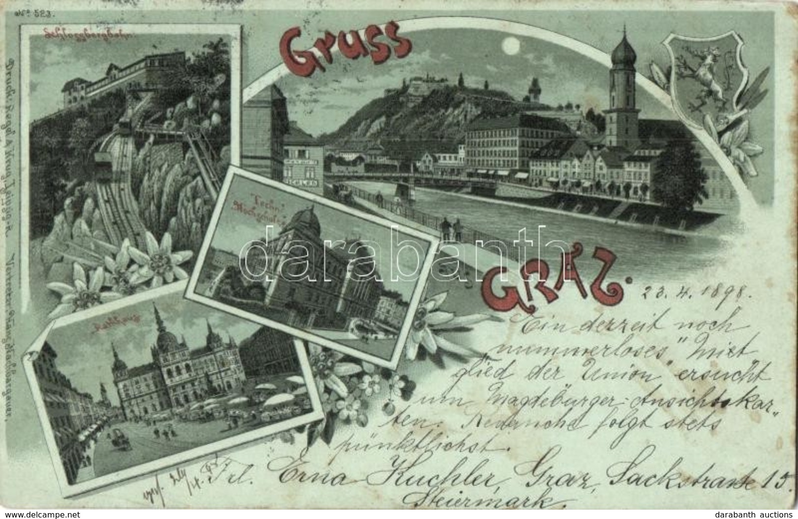 T2 1898 Graz, Schlossbergbahn, Techn. Hochschule, Rathaus, Albrechtbrücke, Regel&Krug No. 523. / Funicular, School, Town - Zonder Classificatie