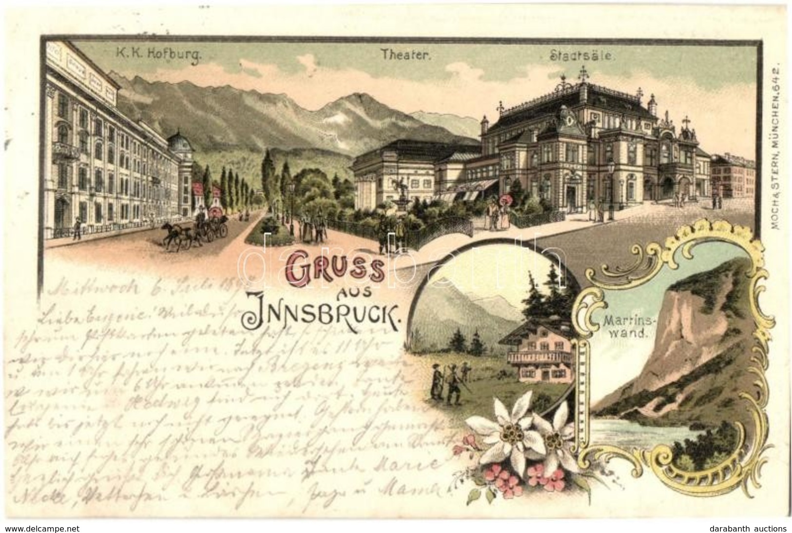 T2 1898 Innsbruck, Hofburg, Theater, Stadtsäle, Martinswand, Moch & Stern Litho / Theater, Town Hall, Floral Litho - Zonder Classificatie