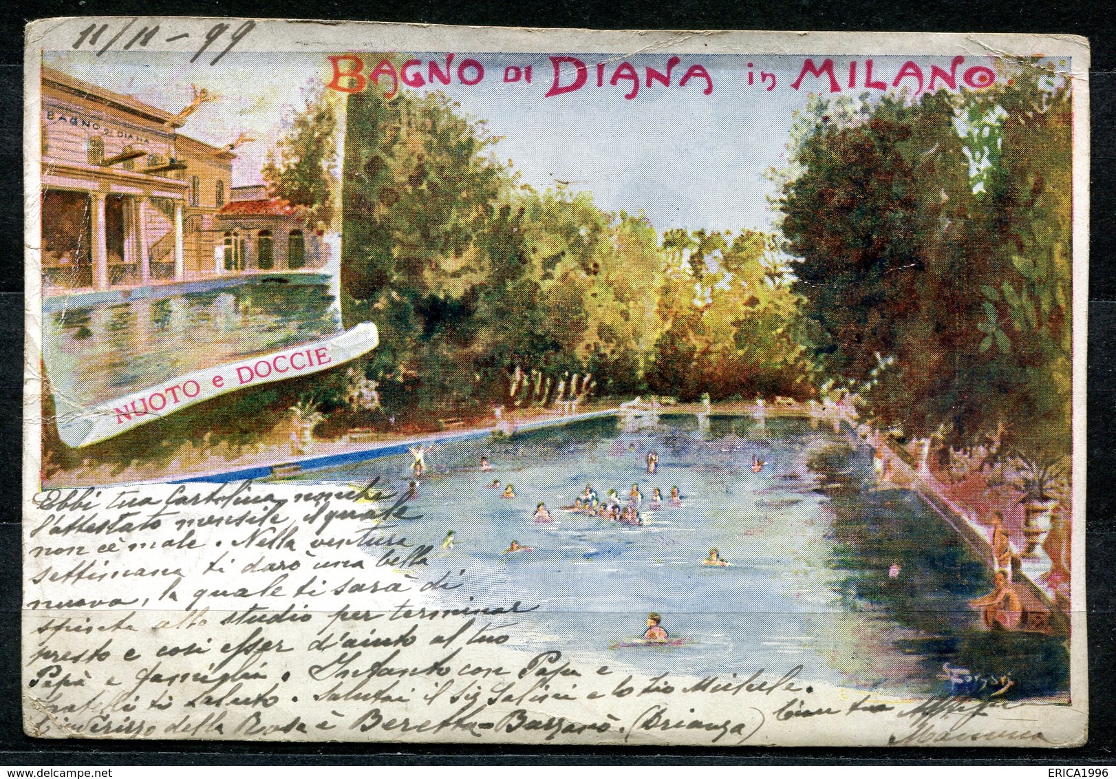 CV2759 MILANO (MI) Bagno Di Diana, Nuoto E Docce, Cartolina Tipo Gruss, FP, Viaggiata 1899 Per La Svizzera, Pieghine Var - Milano