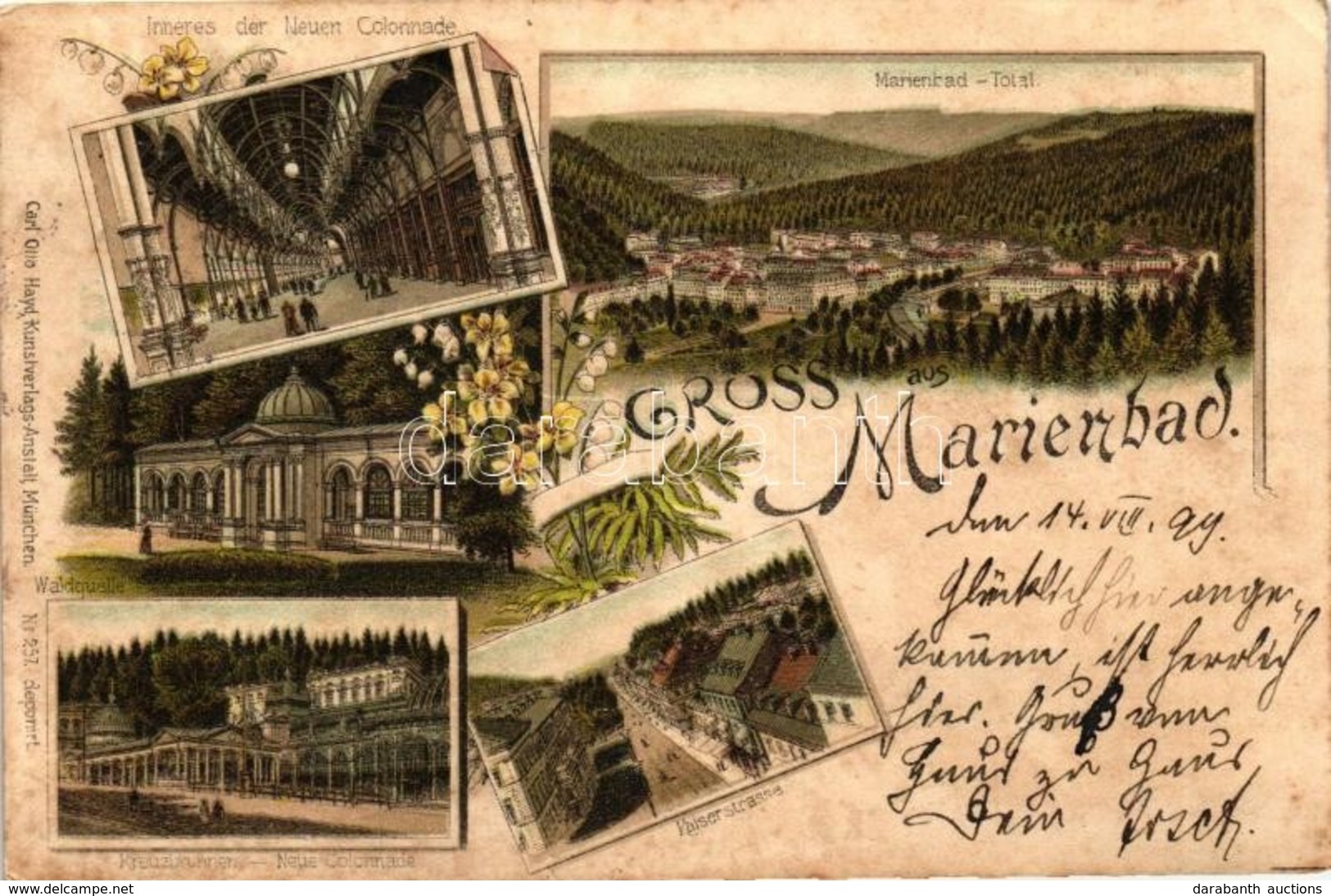 T3 1899 Marianske Lazne, Marienbad; Neuen Colonnade, Kaiserstrasse, Waldquelle / Street, Fountain, Interior, Carl Otto H - Ohne Zuordnung