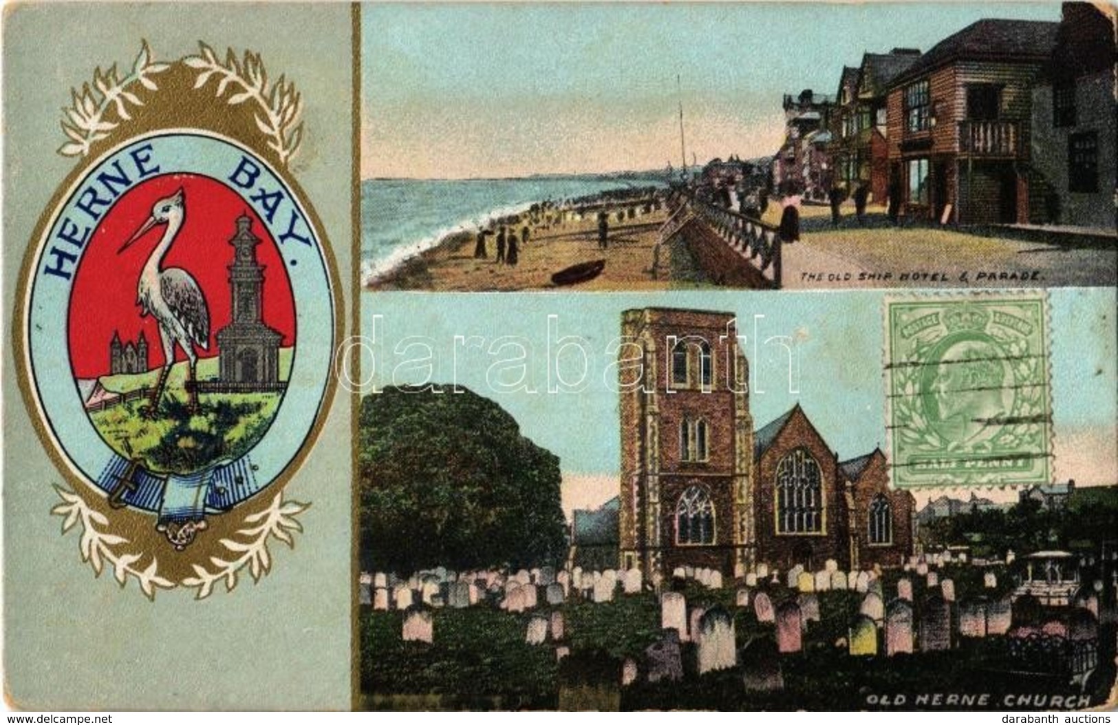 T2/T3 1908 Herne Bay, The Old Ship Hotel & Parade, Old Herne Church, Coat Of Arms, Golden Decoration (worn Corners) - Zonder Classificatie